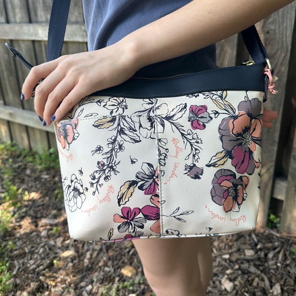 Bradley London Pink and White Crossbody Bag with Floral Butterfly Print